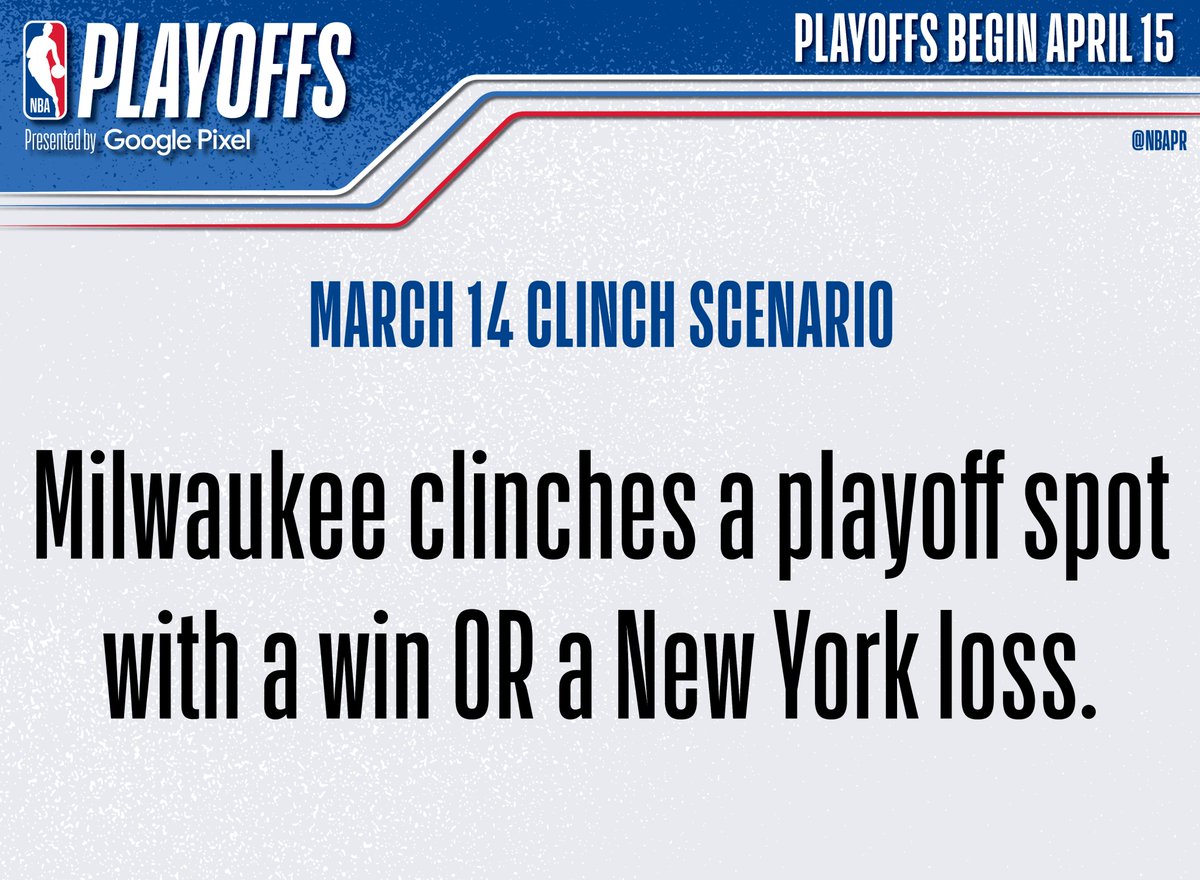 NBAPR's tweet photo. Tonight, the Milwaukee Bucks have a chance to become the first team to clinch a spot in the 2023 NBA Playoffs. The Bucks visit the Phoenix Suns at 10 p.m. ET on NBA TV. 

Clinch scenario ⬇️ https://t.co/rgYF5qF0Gm