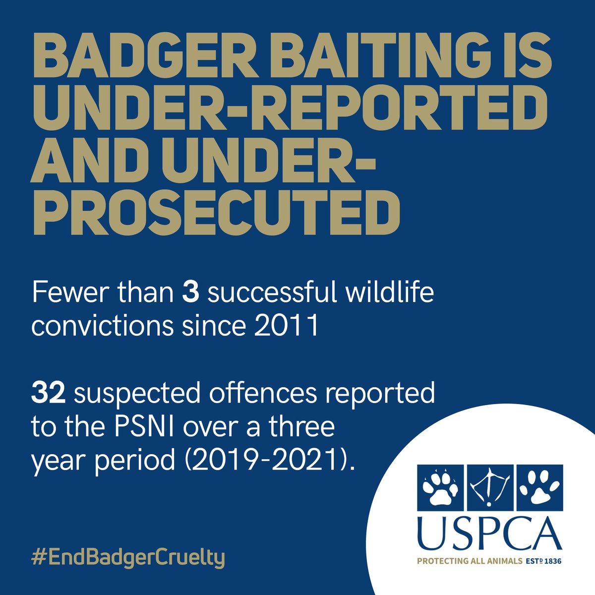 Badger Baiting is underreported and under-prosecuted. 

Currently, Badger Baiters can hide behind the legality of hunting with dogs in Northern Ireland to escape prosecution. 

To find out more visit - uspca.co.uk/uspca-launches…

#EndBadgerBaiting #EndBadgerCruelty #USPCA