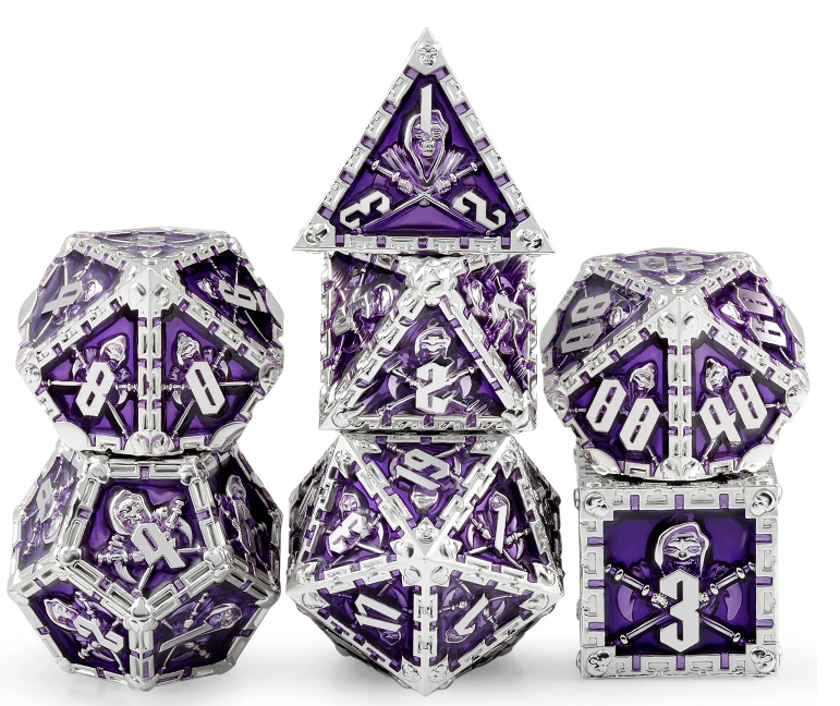 BourneRpg's tweet photo. This metal dice set weighs in at 120g and is inlaid with purple resin. The Grim Reaper watches over the numbers.

These dice are available to purchase from https://t.co/n26rCgDChF.

#DnD  #Dice #Pathfinder2e #smallbusinesses #ttrpgfamily #dungeonsanddragons #DungeonMaster https://t.co/mjkXkWKmYk