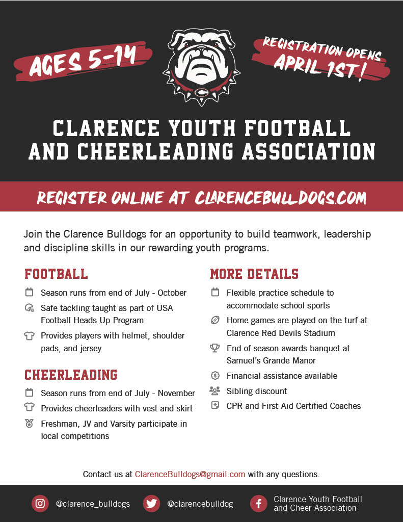 ClarenceBulldog's tweet photo. Registration for FOOTBALL and CHEER opens April 1st! See our flyer below for more details and https://t.co/GKJgsLfVPH for important dates! We can't wait to see everyone out on the fields again! #Clarence #Bulldogs #BulldogsFamily #CYFCA #NEYSA https://t.co/t2KmJCUxbq