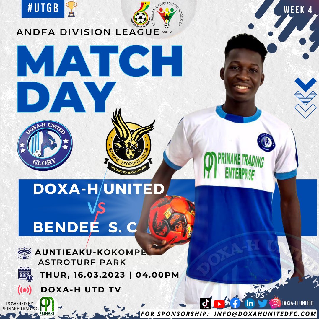 DoxahUnitedFC's tweet photo. AccraNorth Division League - Matchday 4 Outstanding

Doxa-H United vs Bendee SC
Kick-off will be at 4pm Thursday 
Venue: AuntieAku-Kokompe AstroTurf

#UTGB #DoxaHUnited #MATCHDAY4 #AndfaDivLeague https://t.co/ZtxZiqkBq6