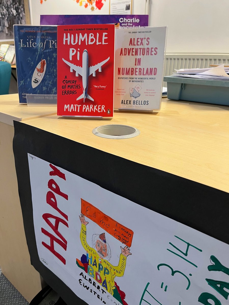 DurlstonSeniors's tweet photo. Mrs Daley has displayed lots of lovely #piDay2023 inspired books in the library today. Which one is your favourite? #lifeofpi #humblepi #alexsandventuresinnumberland @alexbellos #Reading #maths https://t.co/nkEIWvEyab