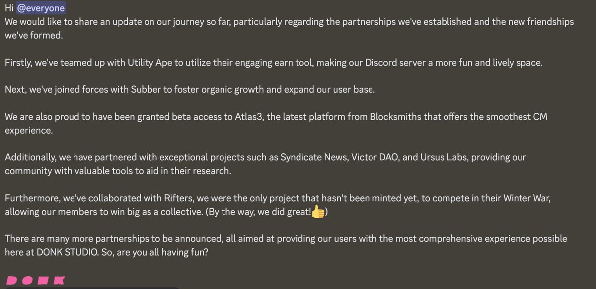 Donk (@donk_studio) on Twitter photo ๐จNew announcement out ๐จ
All partnerships made help us provide value and a more complete experience to all Donk members.
Thank you all ๐ซถ
<a href="/utilityapeNFT/">Monk3y</a>
<a href="/BlocksmithLabs/">Blocksmith Labs</a>
@SyndicateCREATE
@viktor_dao
<a href="/UrsusLabs/">URSUS LABS</a>
Many more to come...
Join us
discord.gg/CxvkpbgqCa ๐จNew announcement out ๐จ
All partnerships made help us provide value and a more complete experience to all Donk members.
Thank you all ๐ซถ
<a href="/utilityapeNFT/">Monk3y</a>
<a href="/BlocksmithLabs/">Blocksmith Labs</a>
@SyndicateCREATE
@viktor_dao
<a href="/UrsusLabs/">URSUS LABS</a>
Many more to come...
Join us
discord.gg/CxvkpbgqCa