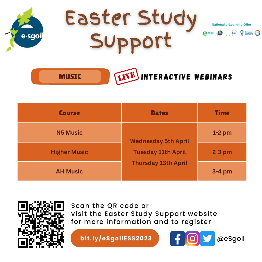 Studying N5 &amp; Higher Art &amp; Design or Music? 
🎨🎼
You’ll find the individual timetables for e-Sgoil's Easter Study Support webinars for these + all other subjects here: 
e-sgoil.com/media/3074/ind… 
The QR code &amp; link will provide you with all the info to sign up. 

#NeLO
