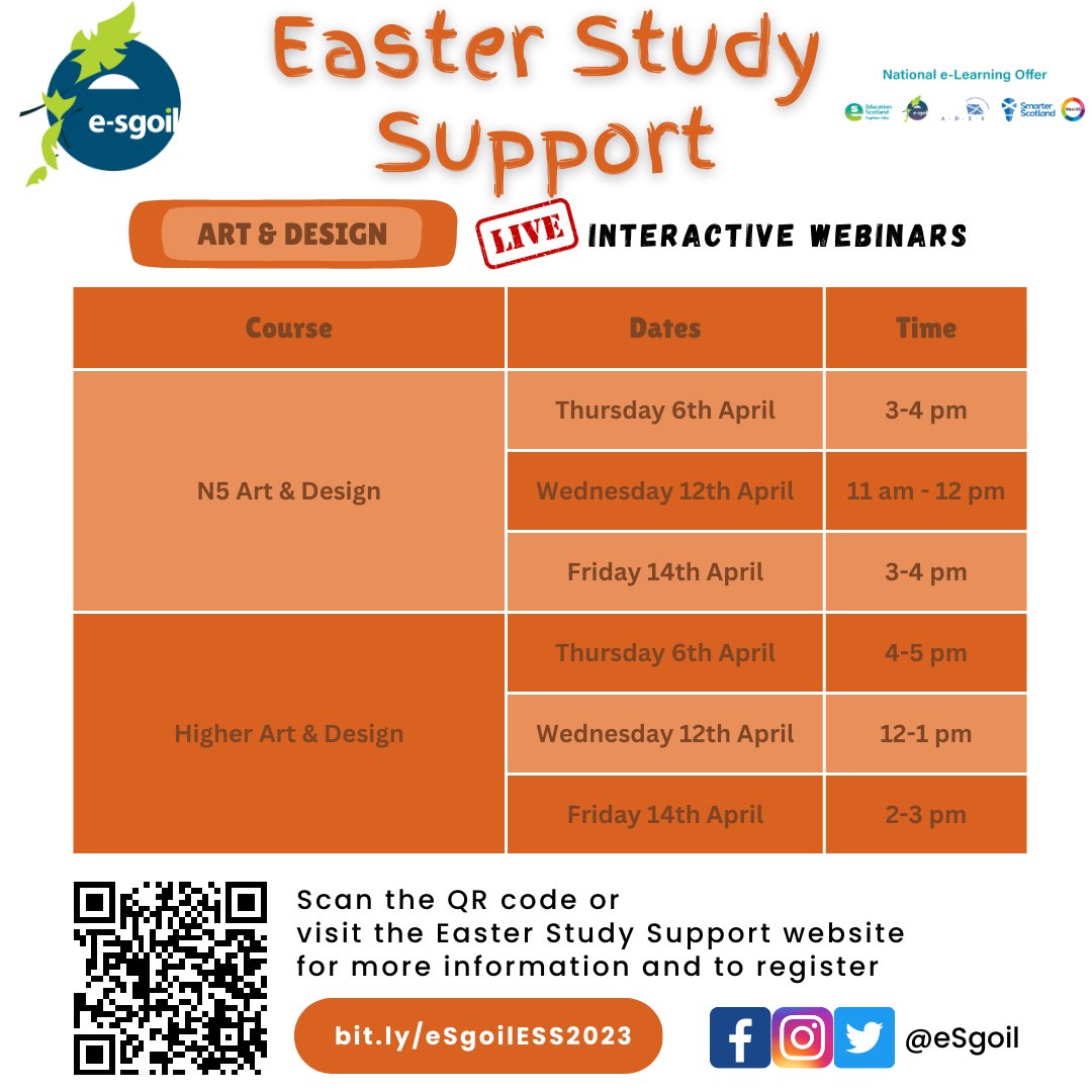 eSgoil's tweet photo. Studying N5 &amp; Higher Art &amp; Design or Music? 
🎨🎼
You’ll find the individual timetables for e-Sgoil's Easter Study Support webinars for these + all other subjects here: 
https://t.co/hGcza6holS 
The QR code &amp; link will provide you with all the info to sign up. 

#NeLO https://t.co/lJIHLS4k89