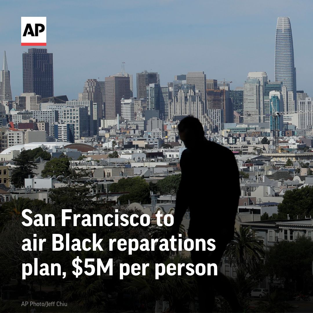 San Francisco could become the first major U.S. city to fund reparations.

City supervisors are taking up a draft reparations proposal that includes a $5 million lump-sum payment for each eligible Black person. bit.ly/3YGqoQU