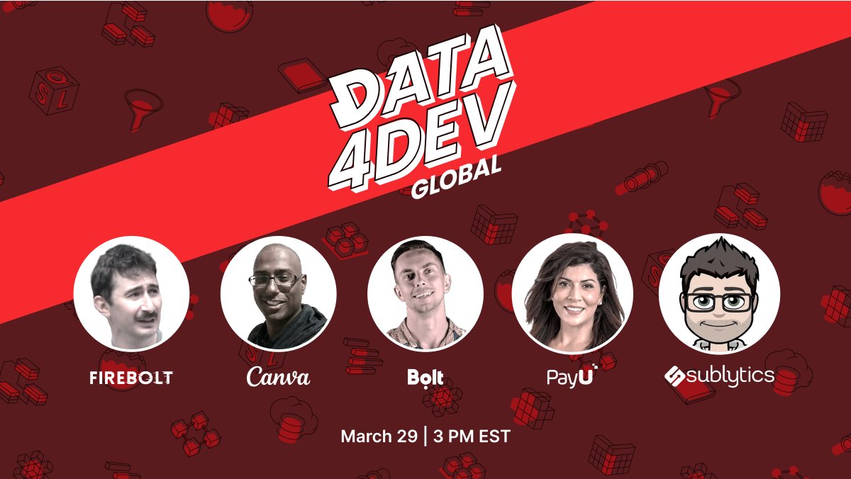 FireboltHQ's tweet image. What does data engineering look like at @canva, @PayU, @boltapp , and @sublytics ?

Join here: bit.ly/3FpdboC

#data4dev #dataengineering #dataengineer #analytics