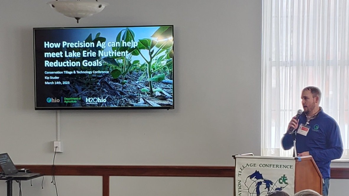 OhioStatePA's tweet photo. Kip Studer with @OhioDeptofAg overviewing how #precisionag and #agtech can support the H2Ohio #nutrient reduction goals here in #Ohio.  #CTC #NutrientIntel https://t.co/jl5fuxHY72