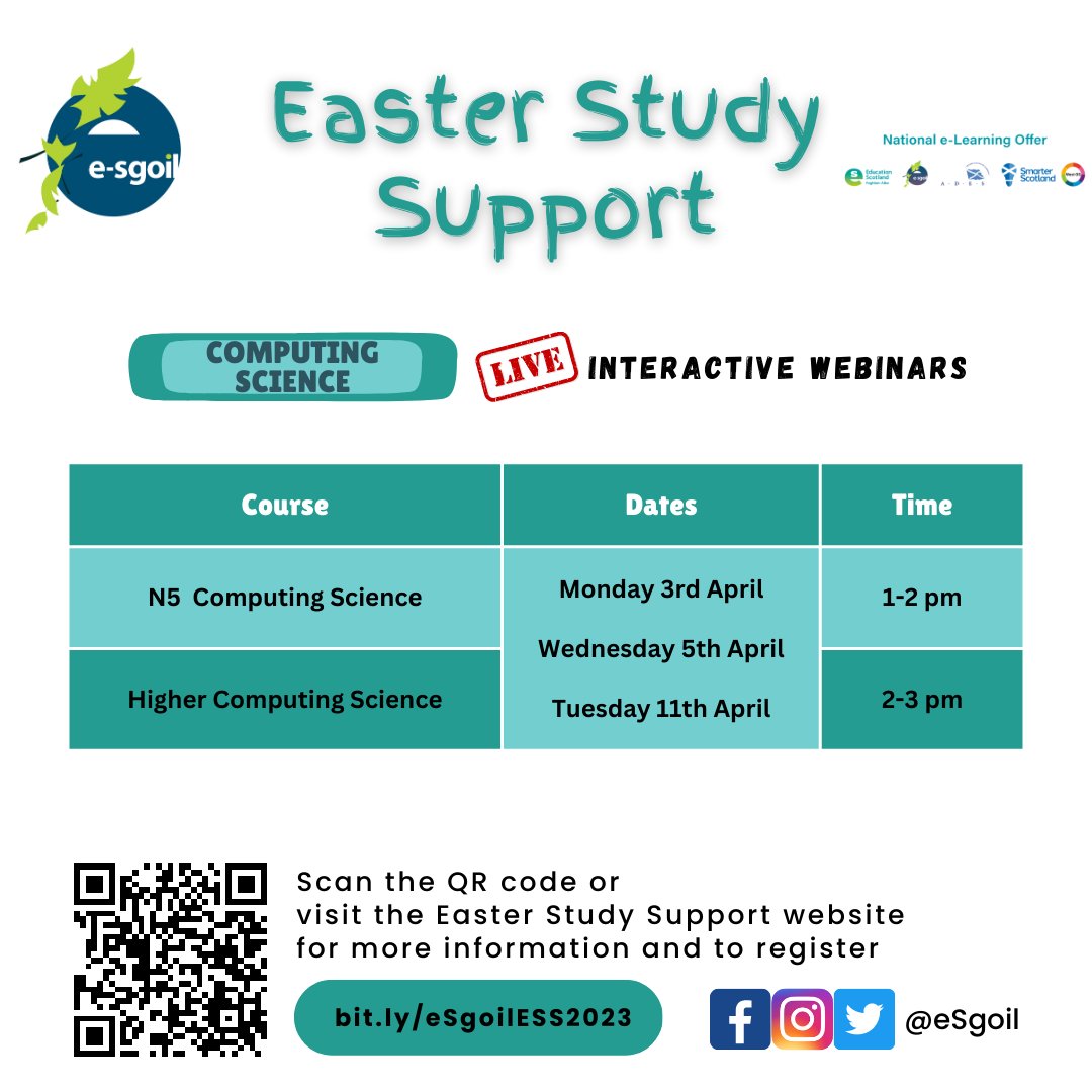 Calling all school Business Studies departments 💻 

Do you know we are running Easter Study Support webinars in a range of subjects/levels?

Check out the timetables below, which can be downloaded to share with learners from here
e-sgoil.com/media/3074/ind…  

#NeLO
