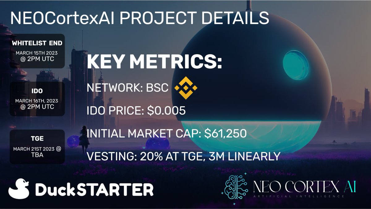 dao_duck's tweet photo. ⏰ Time is running out! Only 24 hours left to whitelist for the IDO of @NeoCortexAI on #Duckstarter Join the revolution in AI-powered DeFi today and whitelist no on: https://t.co/FHoMnJMN3z ! #Aicrypto #RefundableIDO #DeFi #Blockchain #crypto https://t.co/sOoBjOLtcC
