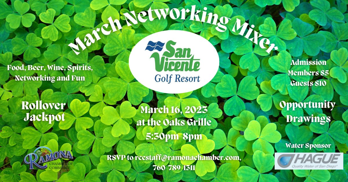 RamonaChamber's tweet photo. Don't miss this Thursday's Mixer at San Vicente Resort / The Oaks Grille! 
 🍀🍀🍀 https://t.co/hxW4tFLGUb https://t.co/3xEWmTxj7E