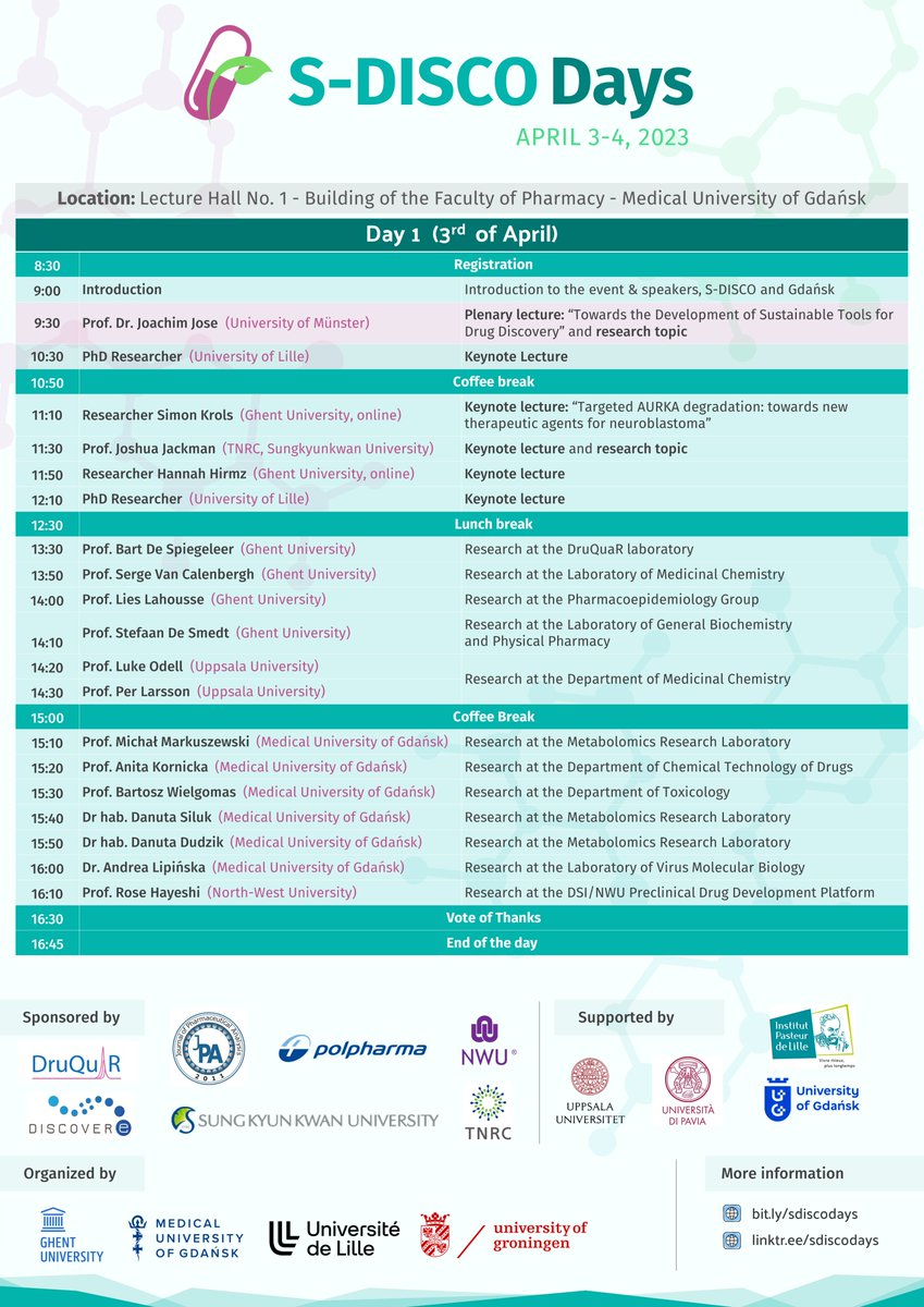 sdiscodays's tweet photo. 📢We're thrilled to share the official schedule for the upcoming S-DISCO Days on April 3 and 4, 2023! 
🗓️Enjoy Plenary and Keynote Lectures from top experts, as well as meet-the-lab sessions where research groups will share opportunities in sustainable drug discovery
💊 Join us! https://t.co/TFR6X5kzQr