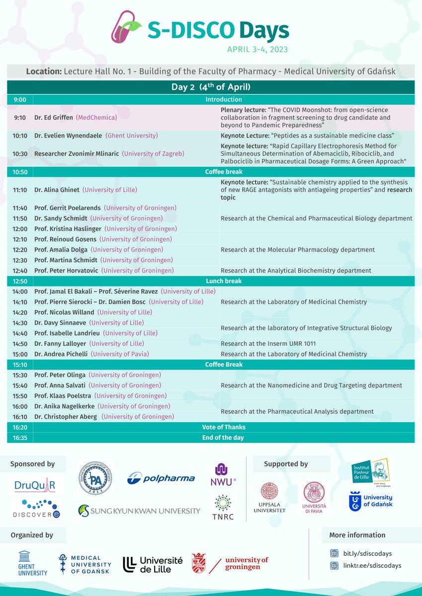 sdiscodays's tweet photo. 📢We're thrilled to share the official schedule for the upcoming S-DISCO Days on April 3 and 4, 2023! 
🗓️Enjoy Plenary and Keynote Lectures from top experts, as well as meet-the-lab sessions where research groups will share opportunities in sustainable drug discovery
💊 Join us! https://t.co/TFR6X5kzQr