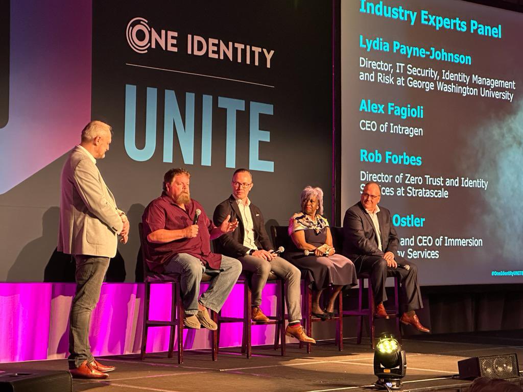 OneIdentity's tweet photo. We are thrilled to be joined by these #cybersecurity experts at #OneIdentityUNITE to discuss best practices across our customer and partner landscape. 

Lydia Payne-Johnson of @GWtweets; Alex Fagioli of @intragen_; Rob Forbes of @stratascale; and Chris Ostler of @EF_Americas https://t.co/XsQ3uegytK