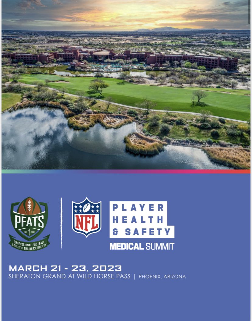 pfats_com's tweet photo. In one week will be kicking off our first NFL Medical Summit. We are so excited to welcome all our PFATS members, partners, vendors, and continuing education guests to Arizona. Stay up to date on PFATS socials to see what the week entails! #NATM2023 #TheresAnATForThat https://t.co/O5S6DSWhSp