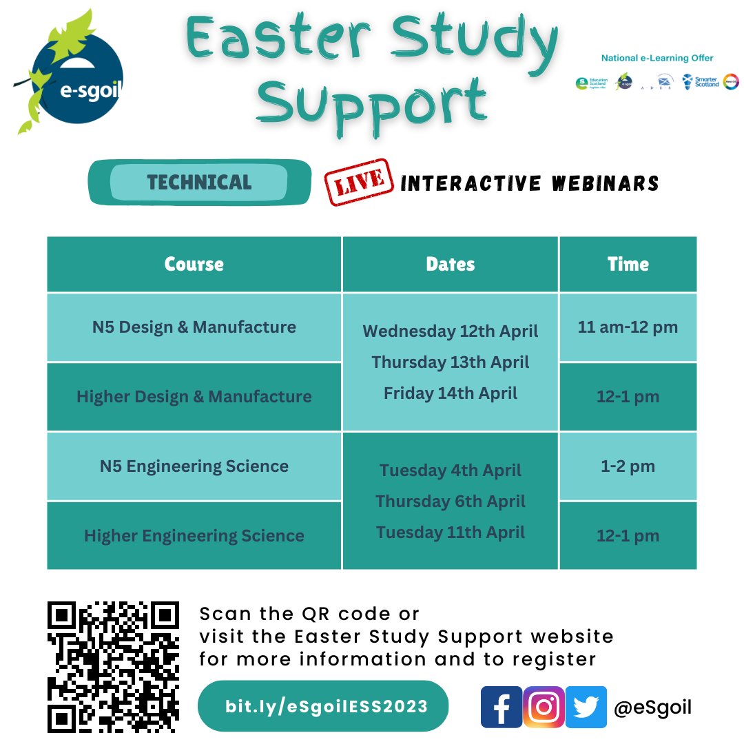 eSgoil's tweet image. Attention all school Technical departments.🛠️🪚💻
Details below for our live study support webinars for Design & Manufacture
Engineering Science
Graphic Communication
Timetables for all subjects can be downloaded here
e-sgoil.com/media/3074/ind…
for sharing with your learners
#NeLO