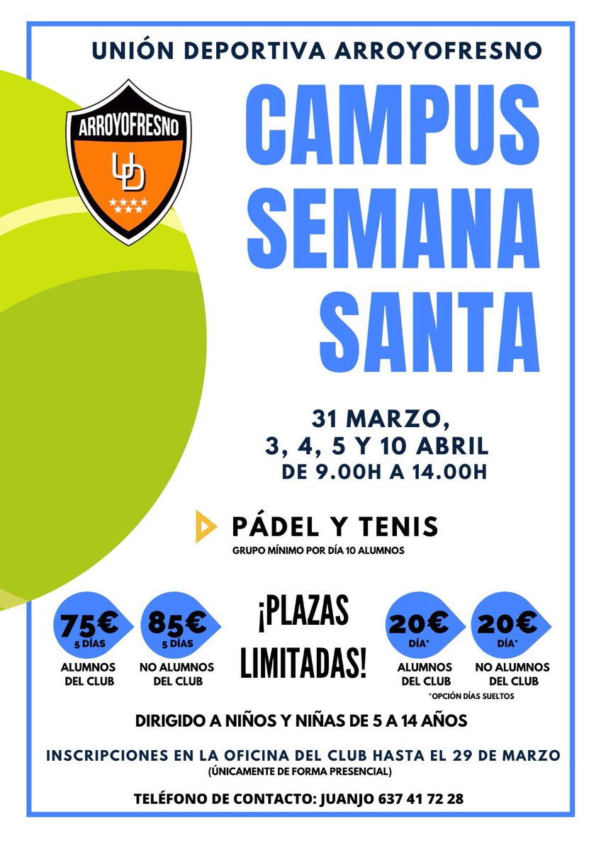 ⚽️🎾 CAMPUS SEMANA SANTA | ¿Buscando un plan 😏 para entretener a los peques y no tan peques 🧒🏻👧🏻 en las vacaciones de Semana Santa? 

Los días 🗓️ 31 de marzo, 3, 4, 5 y 10 de abril deporte, diversión 🥳 y aprendizaje en nuestros campus, ¡apúntate! #orgullonaranja 🧡