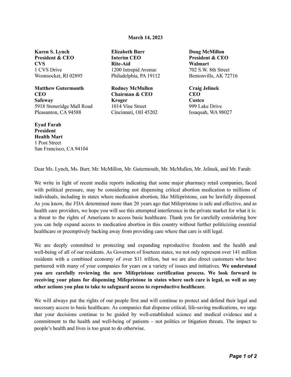 GovMLG's tweet photo. Today, I was joined by 13 fellow governors in calling on major pharmacies to clarify their plans for dispensing Mifepristone, which should be based on medical science - not on politics. This drug is safe and legal, and we must protect access for all. https://t.co/duCksv1l6R https://t.co/K7N40Ddsge