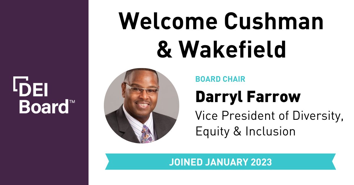DEIBoard's tweet image. We&apos;re happy to welcome @CushWake to the #community! Their membership is led by Board Chair and VP of Diversity, Equity, and Inclusion Darryl Farrow, who is a #DEIBoard Alumnus. #deileaders #deistrategy #diversityequityinclusion