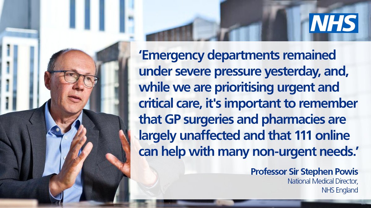 As we see the impact of the most significant strike disruption in NHS history, it's important to use NHS services wisely. To ensure care can be delivered to those who need it most, if you need medical help, use 111 online, and in emergencies, please call 999.