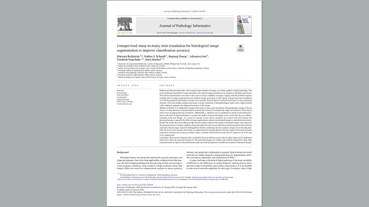 FraunhoferMEVIS's tweet image. New paper “Unsupervised many-to-many stain translation for histological image augmentation to improve classification accuracy” with MEVIS contributions: doi.org/j2vv
#ComputationalPathology #GenerativeAdversarialNetworks