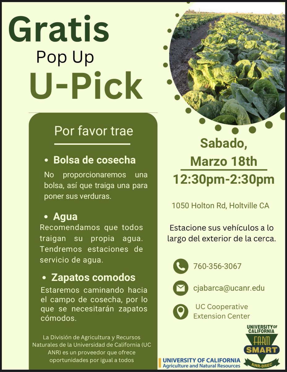 UCANRDREC's tweet photo. @UCFarmSmart #Free pop up #U-pick on March 18th. Everyone is welcome. Nuestro huerto de vegetales esta abierto al publico el Sabado 18 de Marzo @CityofElCentro @cityofimperial @ImperialCntyCA @UCCE_Imperial @ImperialCo_4H @IVVGA https://t.co/M4IuFXCcs5