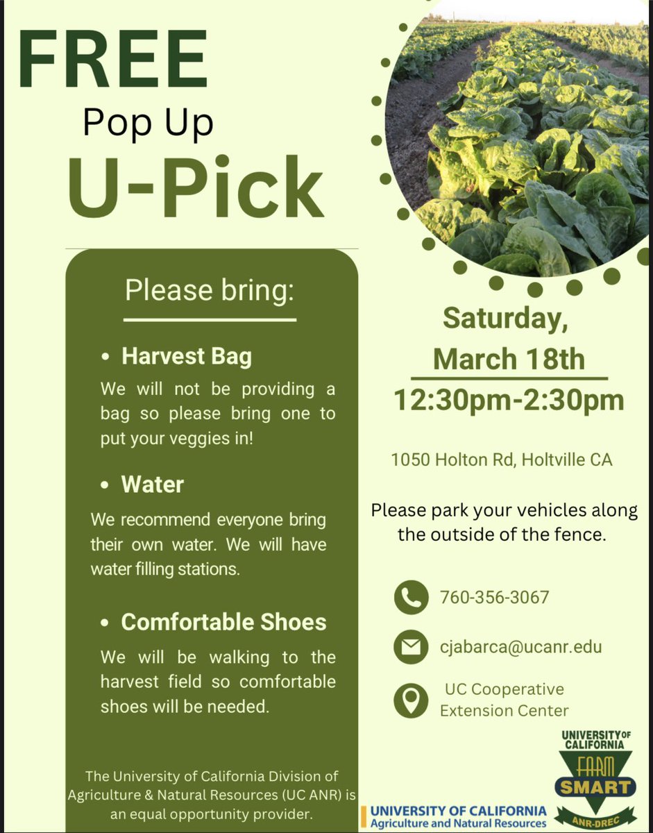 <a href="/UCFarmSmart/">UC Farm Smart</a> #Free pop up #U-pick on March 18th. Everyone is welcome. Nuestro huerto de vegetales esta abierto al publico el Sabado 18 de Marzo <a href="/CityofElCentro/">City of El Centro</a> <a href="/cityofimperial/">City of Imperial</a> <a href="/ImperialCntyCA/">County of Imperial</a> <a href="/UCCE_Imperial/">UCCE Imperial County</a> <a href="/ImperialCo_4H/">Imperial County 4-H</a> <a href="/IVVGA/">Imperial Valley Vegetable Growers Association</a>