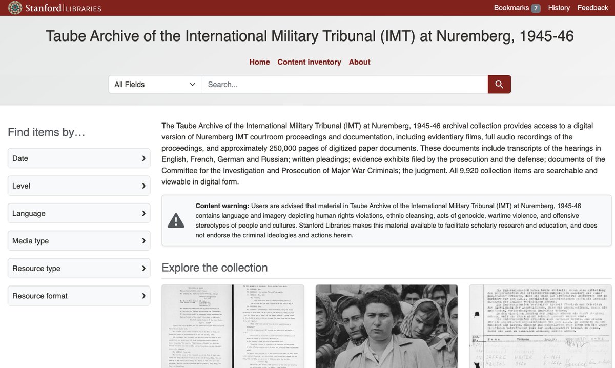 StanfordLibs's tweet photo. @StanfordLibs and @StanfordHumRts, has launched the Taube Archive of the International Military Tribunal (IMT) at Nuremberg, 1945-46, containing the digitized, complete official record of the IMT. https://t.co/uEHIEkD6Rv 

CW: imagery and language may be harmful or traumatizing https://t.co/jZQokujX88