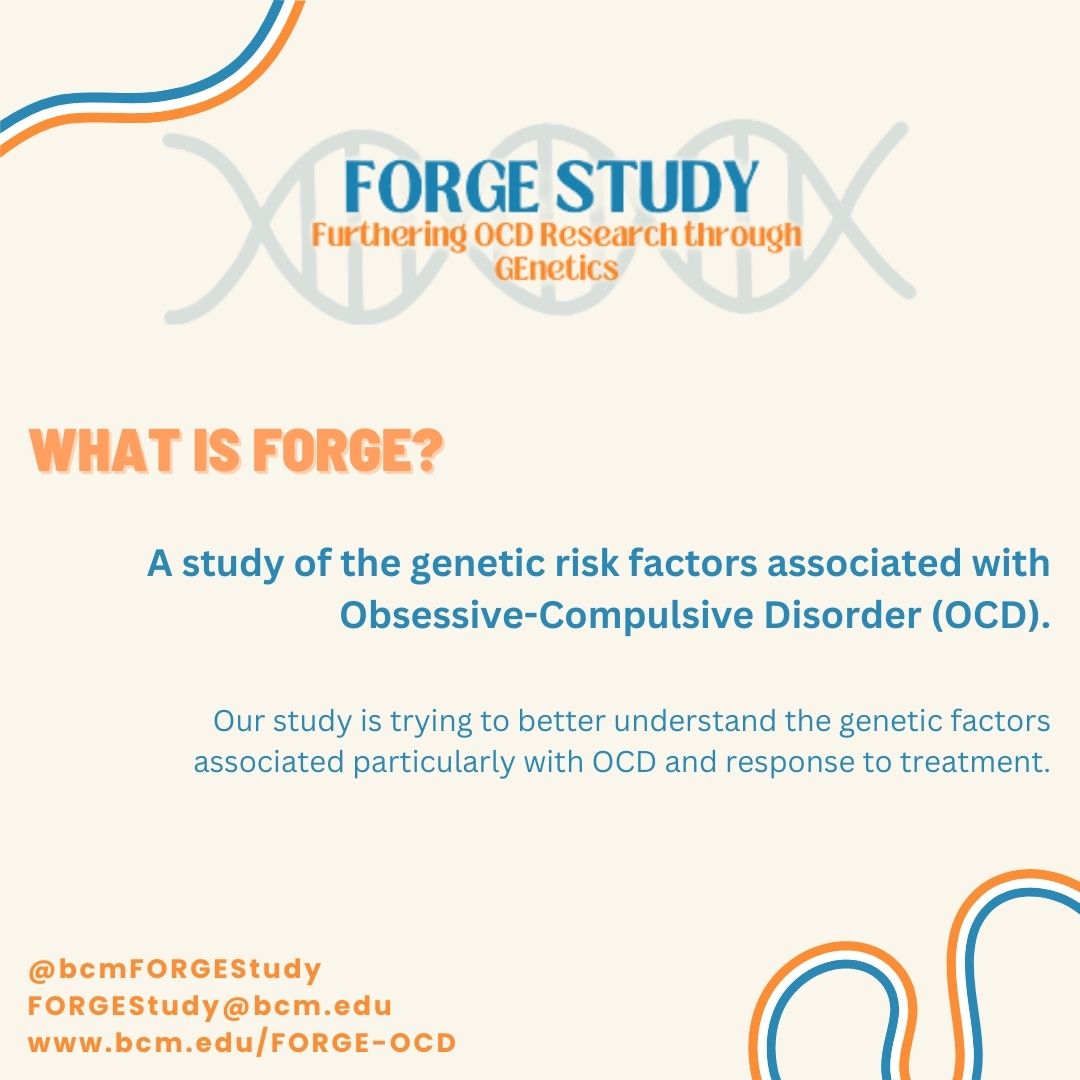 BCMForgeStudy's tweet image. Here is everything you need to know about our new OCD research study, FORGE! Swipe through to learn more about our study and how to enroll! Any questions? Contact us today! (bcm.edu/FORGE-OCD)
