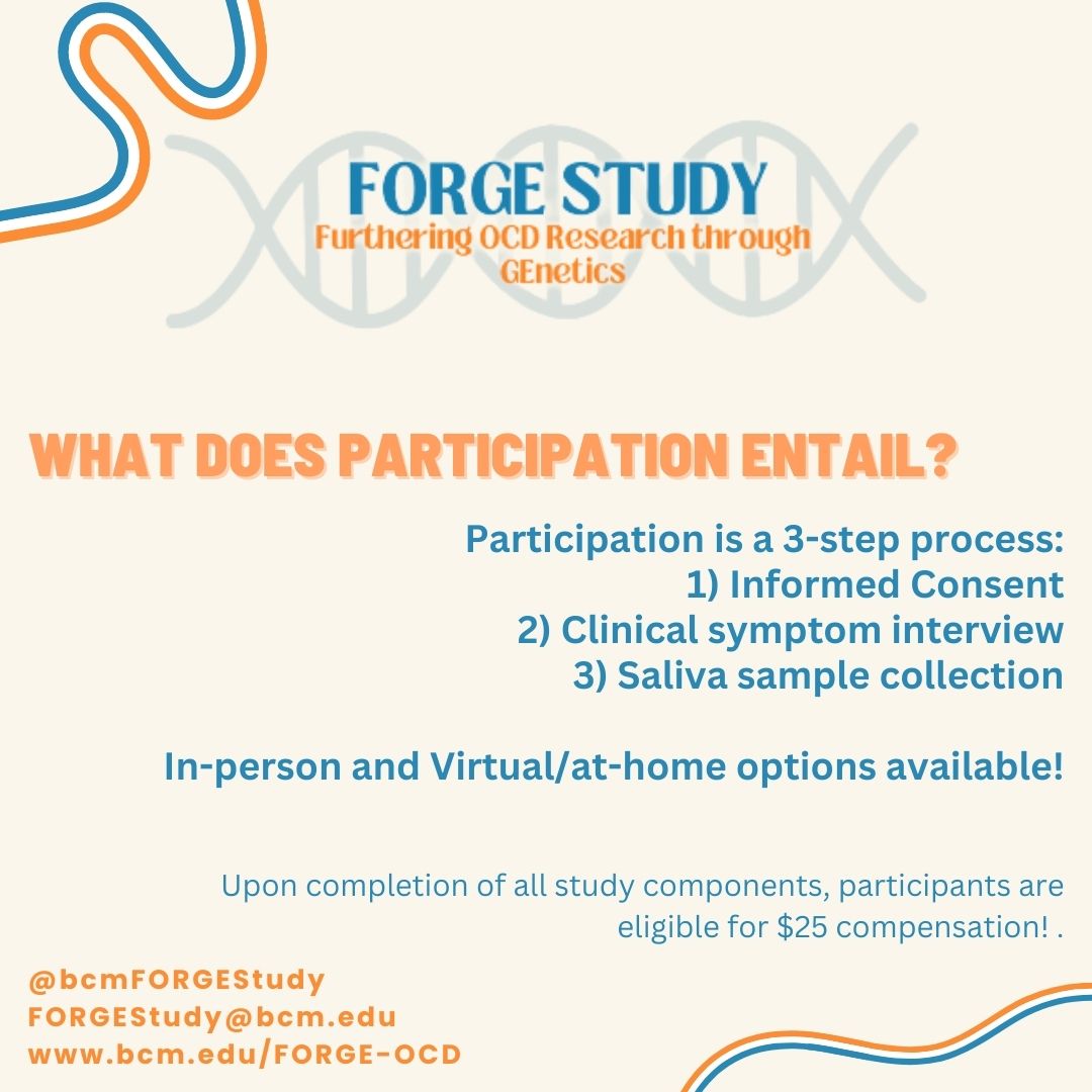 BCMForgeStudy's tweet image. Here is everything you need to know about our new OCD research study, FORGE! Swipe through to learn more about our study and how to enroll! Any questions? Contact us today! (bcm.edu/FORGE-OCD)