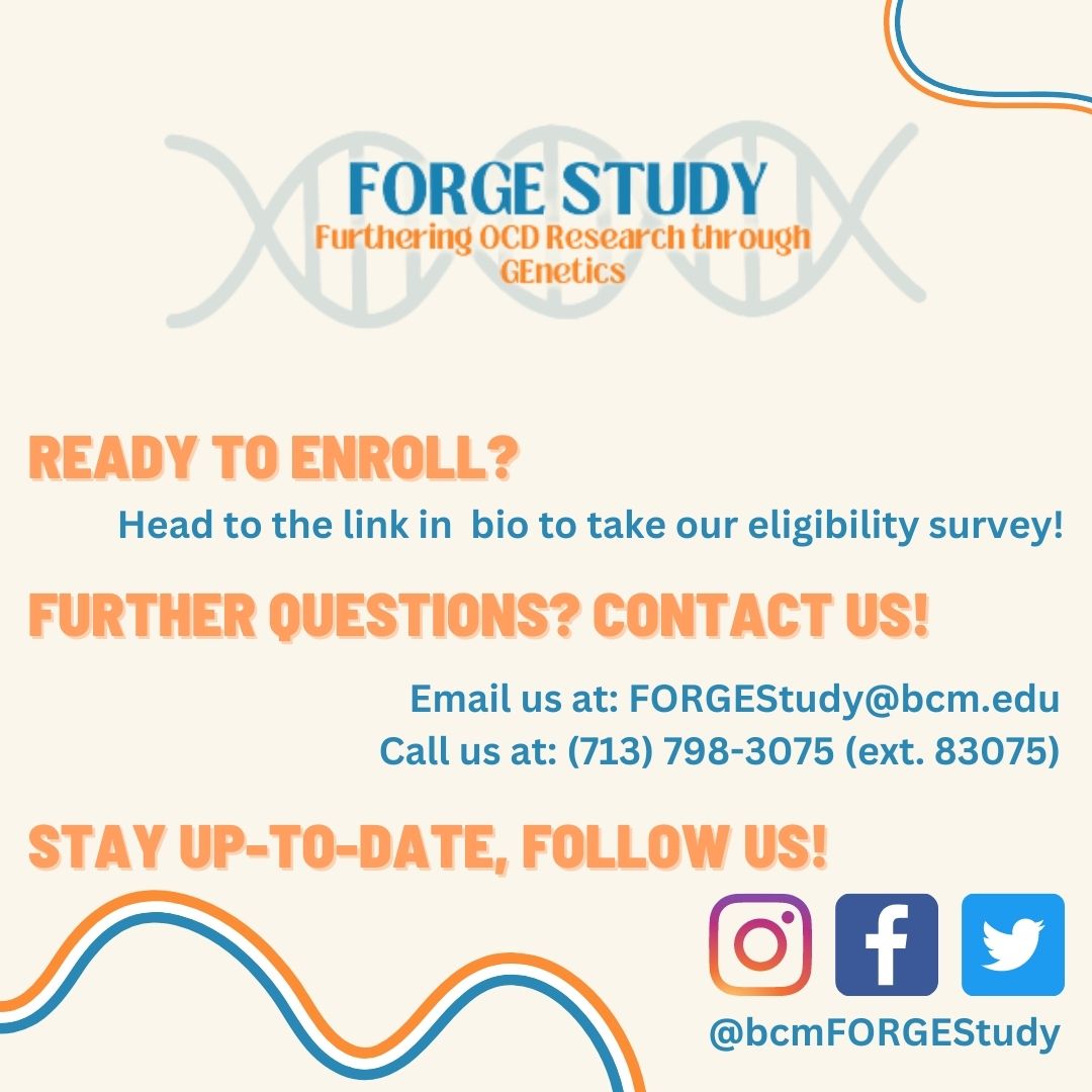 BCMForgeStudy's tweet image. Here is everything you need to know about our new OCD research study, FORGE! Swipe through to learn more about our study and how to enroll! Any questions? Contact us today! (bcm.edu/FORGE-OCD)