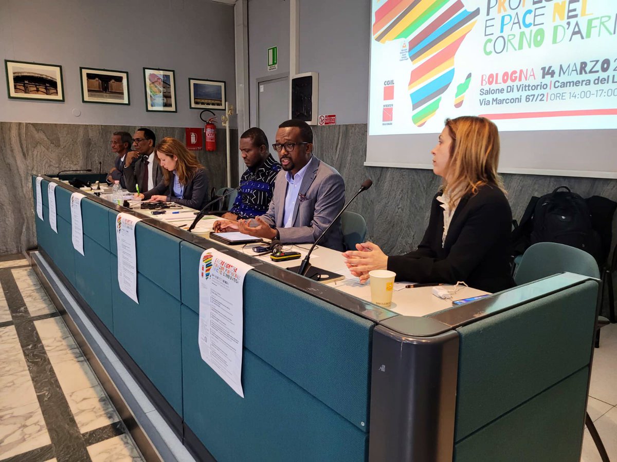 OmarFarukOsman's tweet photo. Pleased to be back in Bologna, Italy, for vital discussions on Decent Work and Peace in the Horn of Africa region, hosted by @cgilnazionale, ahead of its national congress. Shared the good practices of social dialogue in #Somalia. https://t.co/AcNRNJufbf