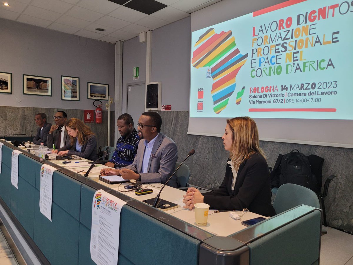 OmarFarukOsman's tweet photo. Pleased to be back in Bologna, Italy, for vital discussions on Decent Work and Peace in the Horn of Africa region, hosted by @cgilnazionale, ahead of its national congress. Shared the good practices of social dialogue in #Somalia. https://t.co/AcNRNJufbf