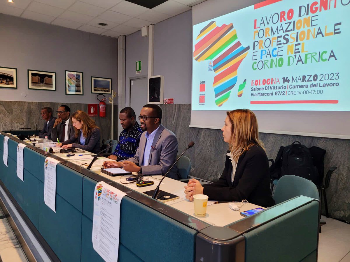 OmarFarukOsman's tweet photo. Pleased to be back in Bologna, Italy, for vital discussions on Decent Work and Peace in the Horn of Africa region, hosted by @cgilnazionale, ahead of its national congress. Shared the good practices of social dialogue in #Somalia. https://t.co/AcNRNJufbf