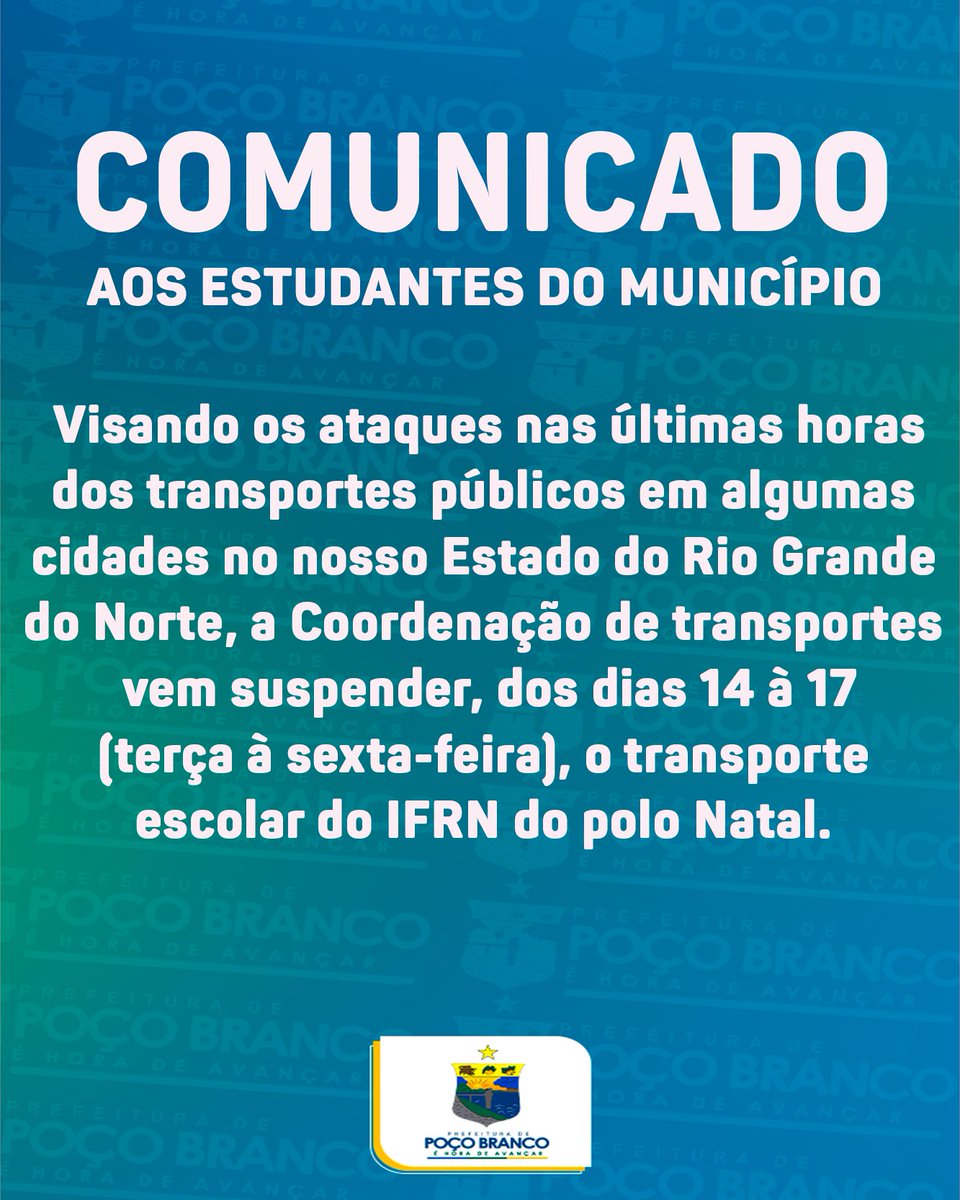 PrefPocoBranco's tweet photo. COMUNICADO AOS ESTUDANTES DO MUNICÍPIO! https://t.co/JYiMSmTpfc