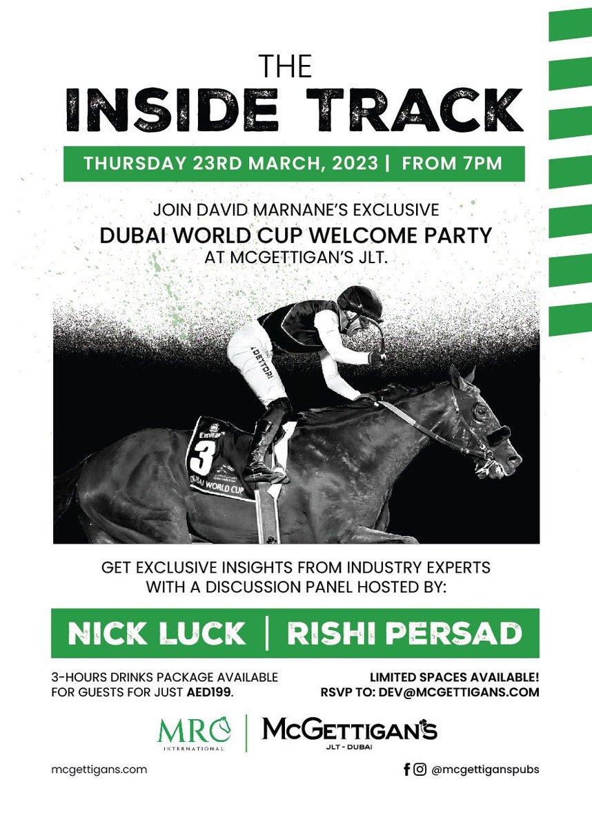 Marnane1's tweet photo. π₯WE ARE BACKπ₯
The inside track with David Marnane racing and @McGettigansPub JLT the best Dubai World Cup party in town..
Hosted by @nickluck and @RishiPersad1 including some very special guests on the night!
#mcgettigansjlt #dubaiworldcup #goffs #Dubai #MRC @LauraKingDXB https://t.co/bWAAP8jFcW