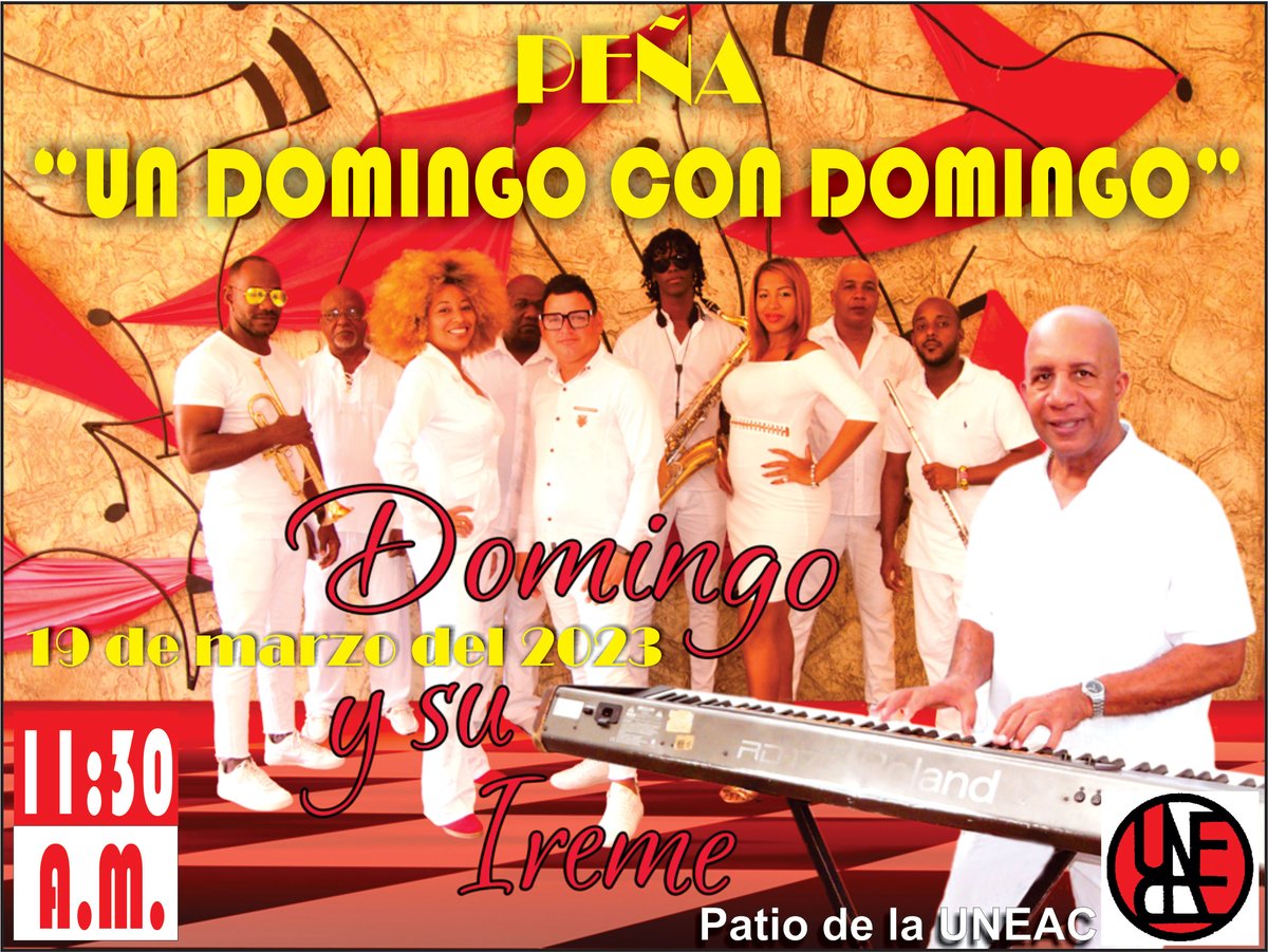PromotoraEPCME's tweet photo. Peña “Un Domingo con Domingo”
Presentación de Domingo y su Ireme el domingo 19 de marzo en el Patio de la UNEAC a las 11:30 a.m.
Los esperamos………. https://t.co/KxQt9ygCiu