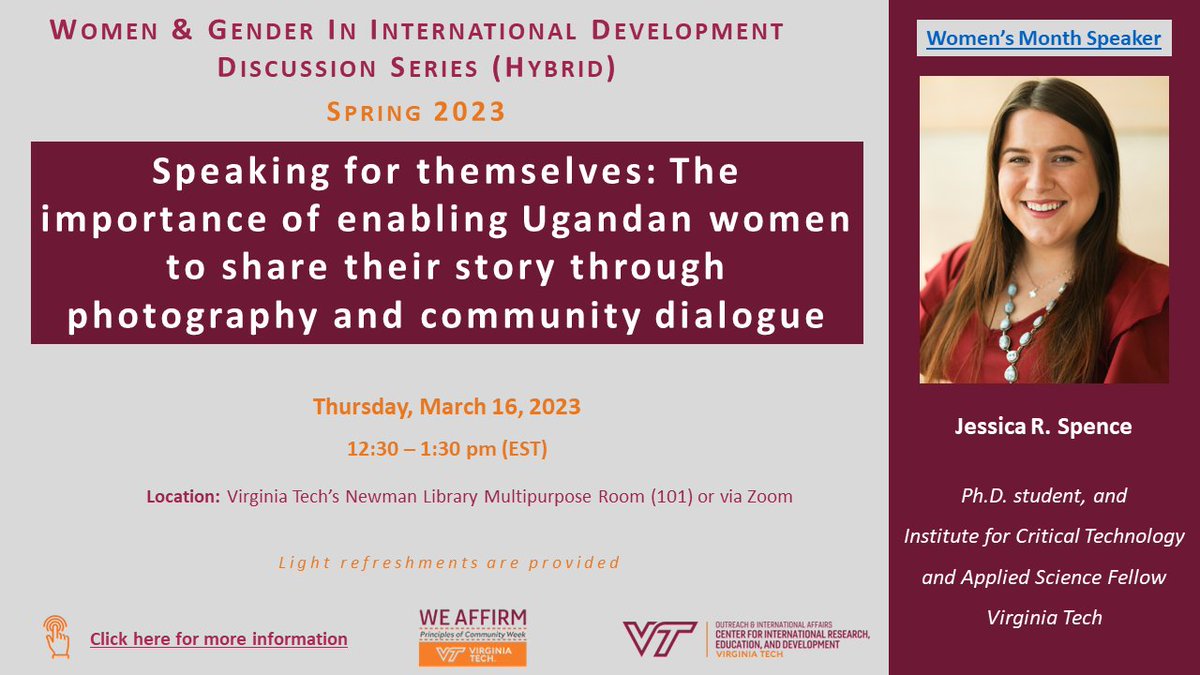 Join us this Thursday to discuss the importance of enabling Ugandan women to share their stories through photography and community dialogue!

🗓️March 16, 2023
⏰12:30 - 1:30 pm (EST)
📍Virginia Tech &amp; Zoom
🔗Register: bit.ly/40VroDb

#GenderAndDev