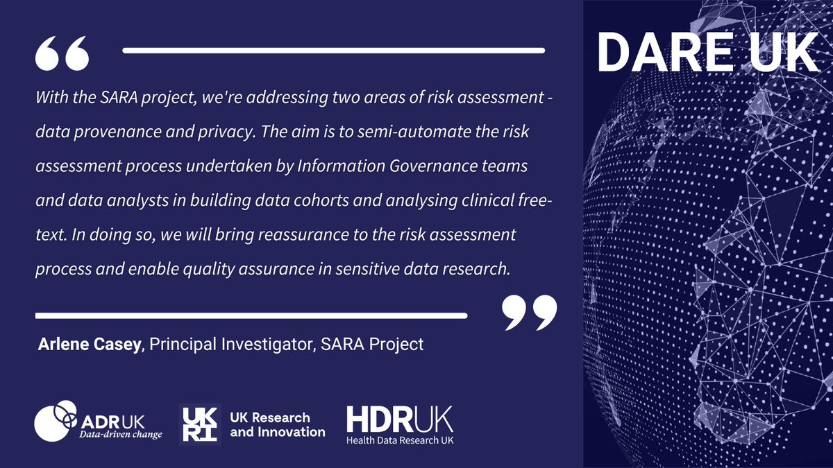 DARE_UK1's tweet photo. Led by @EdinburghUni researchers, SARA aims to improve risk assessment in #SensitiveDataResearch, focusing on data provenance and privacy to make the process more efficient and reliable for #DataAnalysts and #InformationGovernance teams.
Learn more👉https://t.co/FEvAFFIrXT
5/7 https://t.co/i3zIC5rW9A