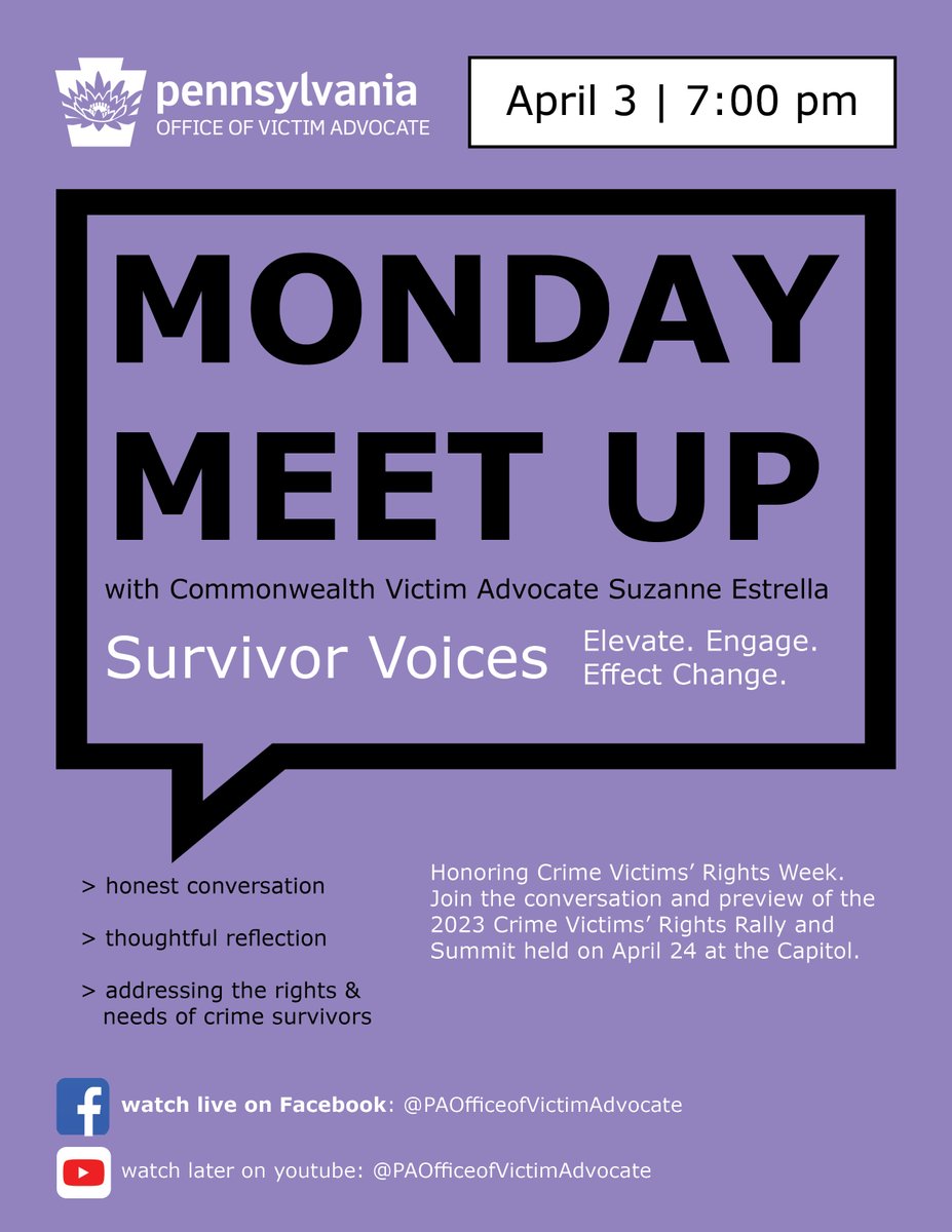 Join us April 3 at 7 pm - on Facebook Live - when our guests discuss the upcoming Crime Victims' Rights Rally &amp; Summit event and the importance of elevating the voices of survivors! 

#NCVRW #survivors #crimevictimsrights