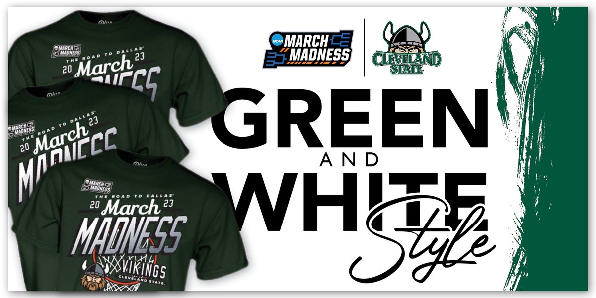Get your 𝗚𝗿𝗲𝗲𝗻 &amp; 𝗪𝗵𝗶𝘁𝗲 𝗦𝘁𝘆𝗹𝗲 ready for <a href="/CSU_WBasketball/">Cleveland State Women's Basketball</a>'s NCAA First Round game with a March Madness T-Shirt! 

Buy Now // bit.ly/3yCTbv3