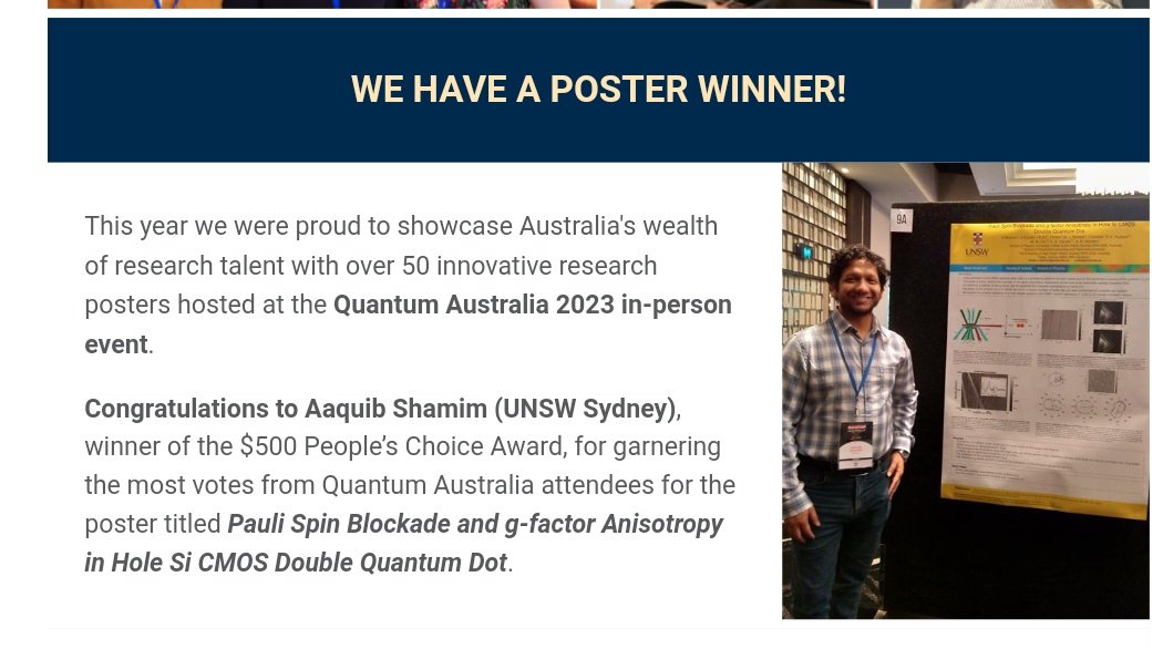 AaquibShamim's tweet photo. It's with great pleasure I want to share that my poster at Quantum Australia Conference won the people's choice award. Thankful to @QEDUNSW  @diraqQC and @SydneyQuantum https://t.co/tDUANVH0Ax