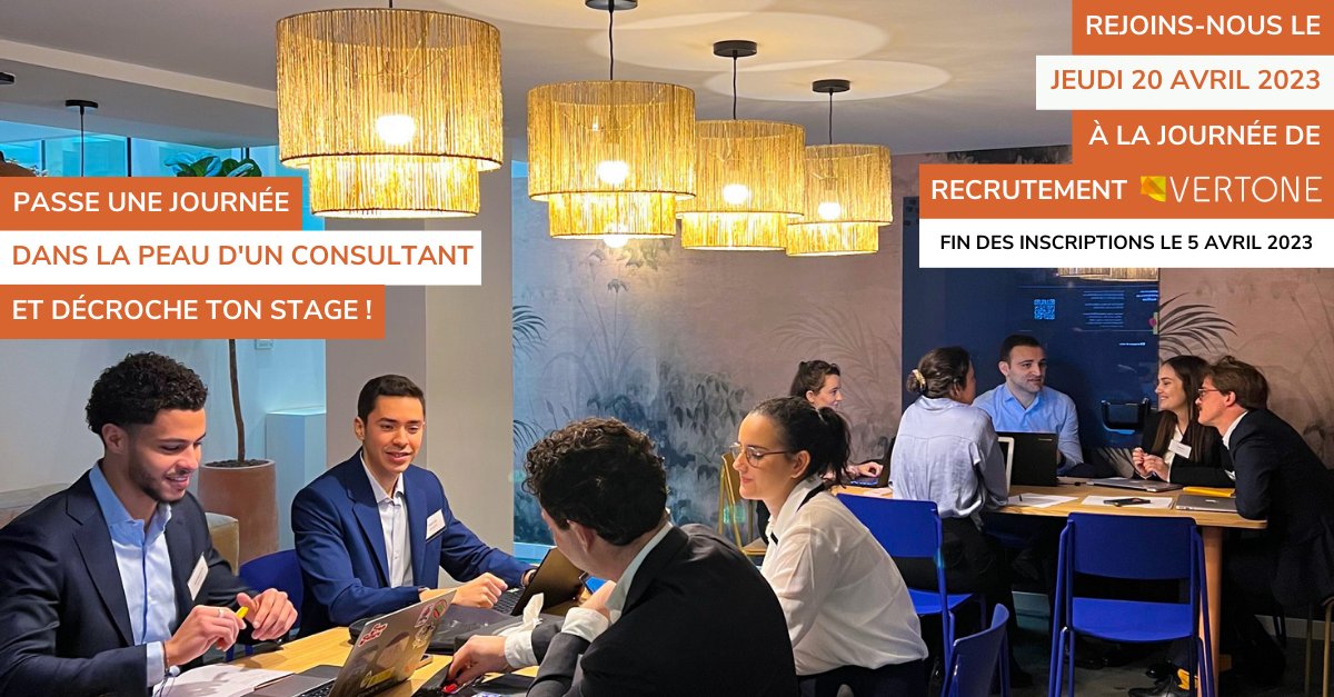 📢 Passe une journée dans la peau d'un consultant et décroche ton #stage avec la journée de #recrutement VERTONE
📅 Rejoins-nous le jeudi 20 avril.
⏰ Inscriptions jusqu'au 5 avril.
📩 Rendez-vous sur le site de VERTONE pour postuler
👉 hubs.li/Q01GPwXT0