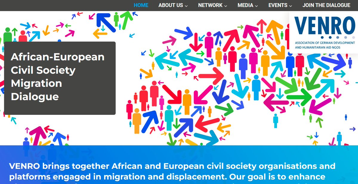 venro_eV's tweet photo. VENRO connects #civilsociety organizations from Africa and Europe on #migration matters: With our new website, we want to enhance dialogue and align advocacy towards more human-rights based policies. Learn more: https://t.co/fzlSnPj2dQ  #FairAfricaEuropePartnership https://t.co/Xe5f7IE0Zi