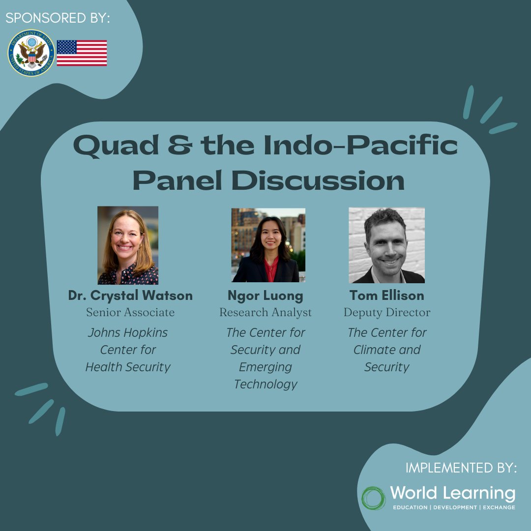 quadthinktanks's tweet photo. We are looking forward to welcoming three distinguished speakers to our upcoming panel on Quad Policy Area Collaboration: Dr. Crystal Watson from the Johns Hopkins Center for Health Security and Bloomberg School of Public Health, Ngor Luong from the Center of Security and (1/2) https://t.co/kGFyPZz9pg
