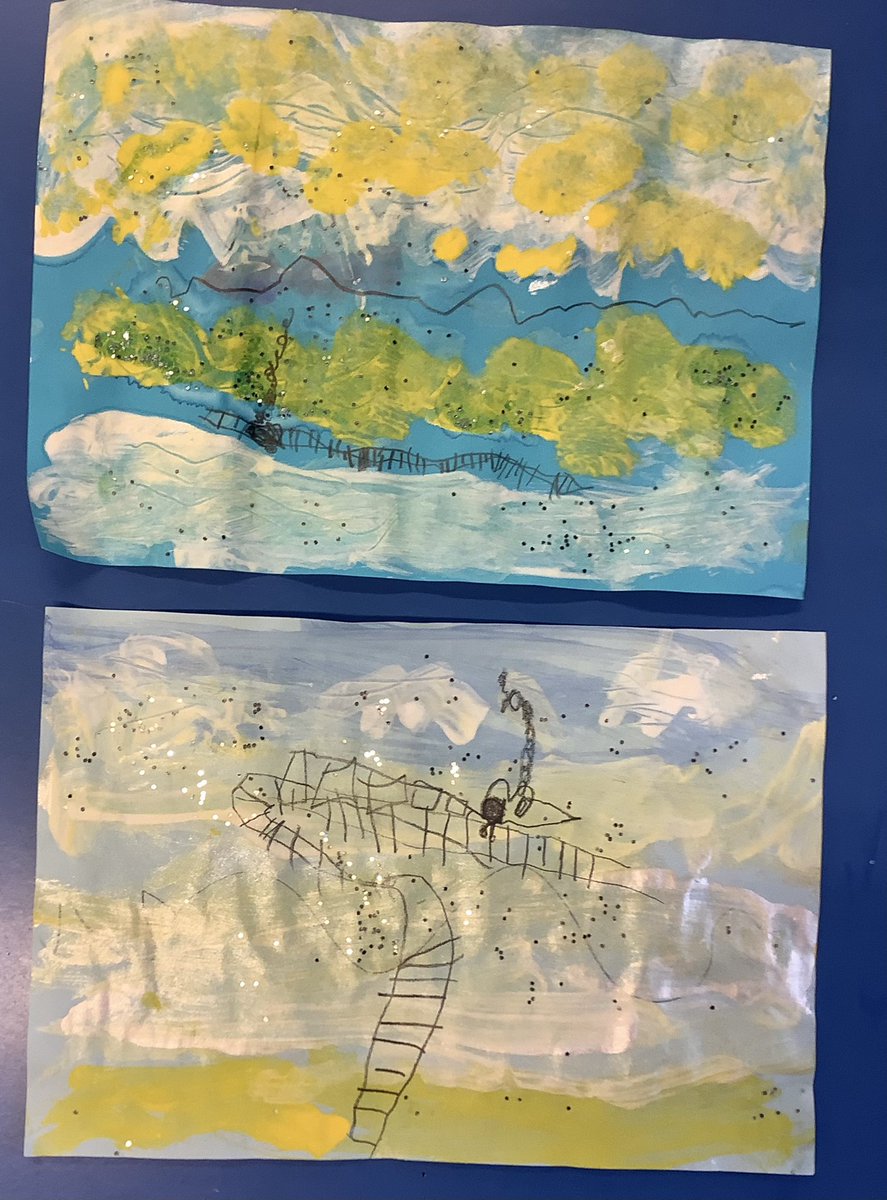 Barfordstpeters's tweet photo. Inspired by last week’s snow and our story about a train, Reception have been painting and drawing beautiful snowy landscapes. We have learned about the horizon line and used it to create our train tracks. #BSPart #BSPeyfs https://t.co/MWJ58e5TZ2