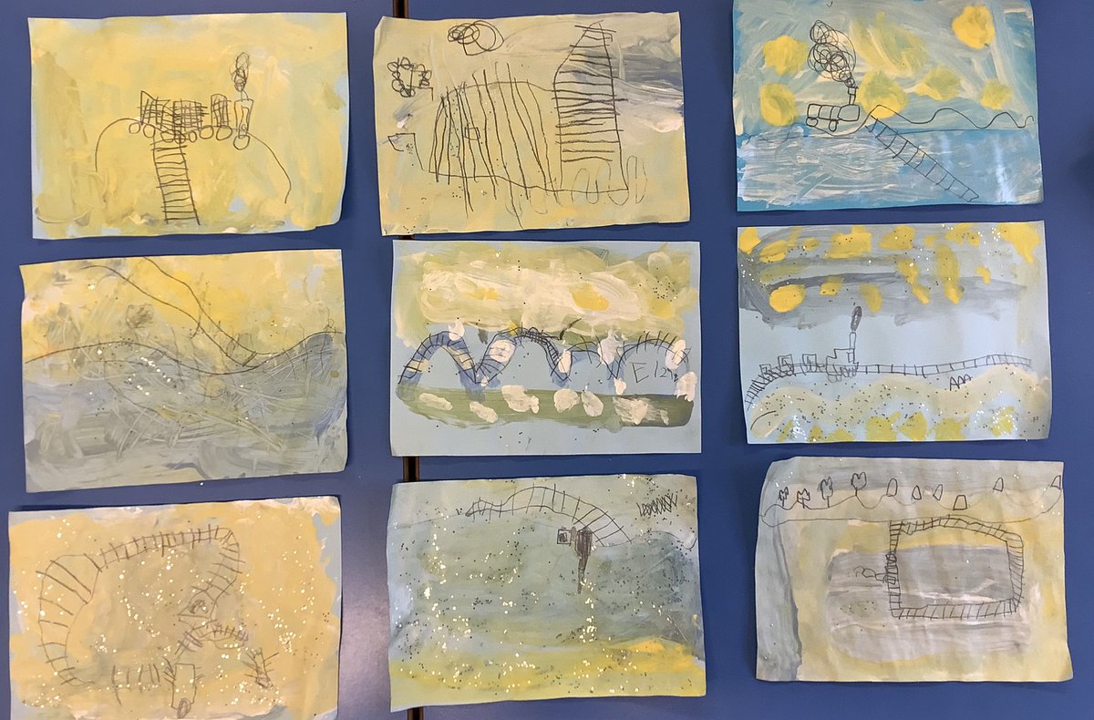 Barfordstpeters's tweet photo. Inspired by last week’s snow and our story about a train, Reception have been painting and drawing beautiful snowy landscapes. We have learned about the horizon line and used it to create our train tracks. #BSPart #BSPeyfs https://t.co/MWJ58e5TZ2