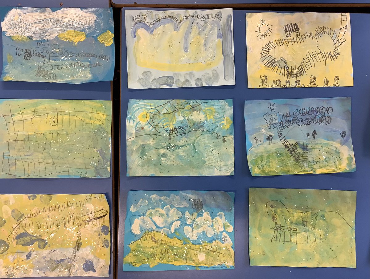 Barfordstpeters's tweet photo. Inspired by last week’s snow and our story about a train, Reception have been painting and drawing beautiful snowy landscapes. We have learned about the horizon line and used it to create our train tracks. #BSPart #BSPeyfs https://t.co/MWJ58e5TZ2