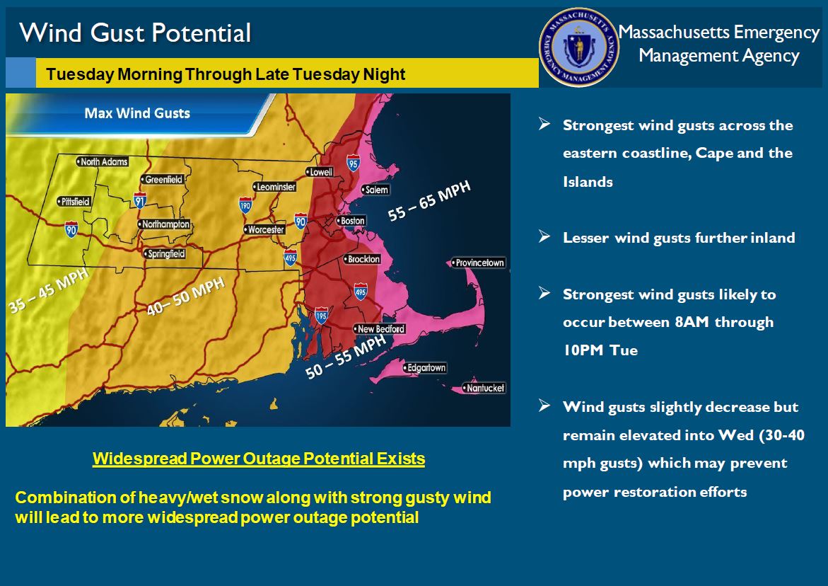 Strong Nor'easter to impact Tues 3/14 through Wed 3/15.
Strong Gusty winds will be present with some expected flooding in low lying areas along with Beach erosion. Potential for power outages.