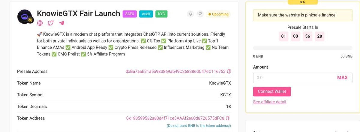 🤖 KYC, SAFU &amp; Audit badges have been added to KnowieGTX Fairlaunch.
🚀 🚀 🚀

🚀 Fairlaunch: pinksale.finance/launchpad/0xBa…